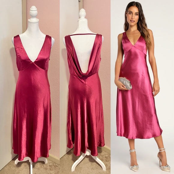 Lulus Incredible Love Magenta Satin Cowl Back Midi Slip Dress - Picture 2 of 16